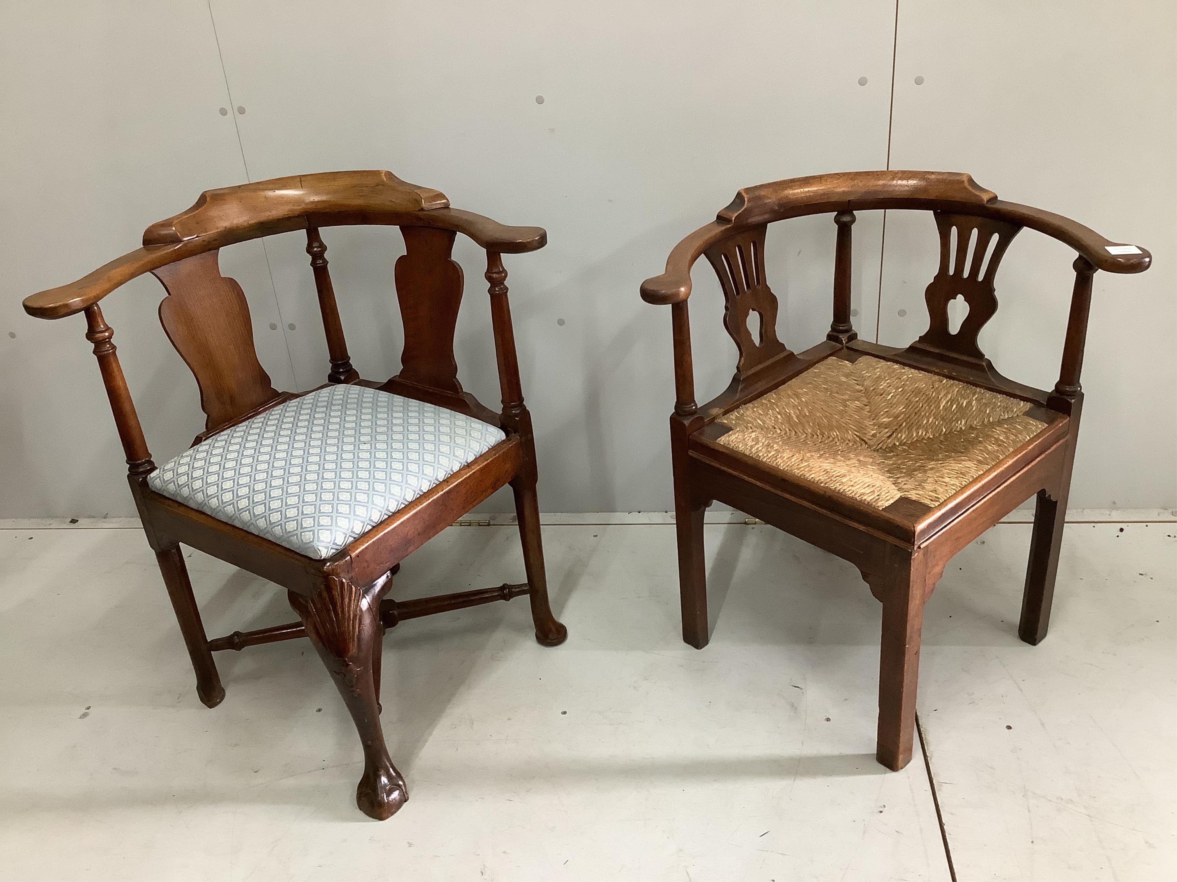 A George III mahogany corner elbow chair, width 77cm and a rush seat corner elbow chair, width 71cm. Condition - fair, some losses and old worm holes